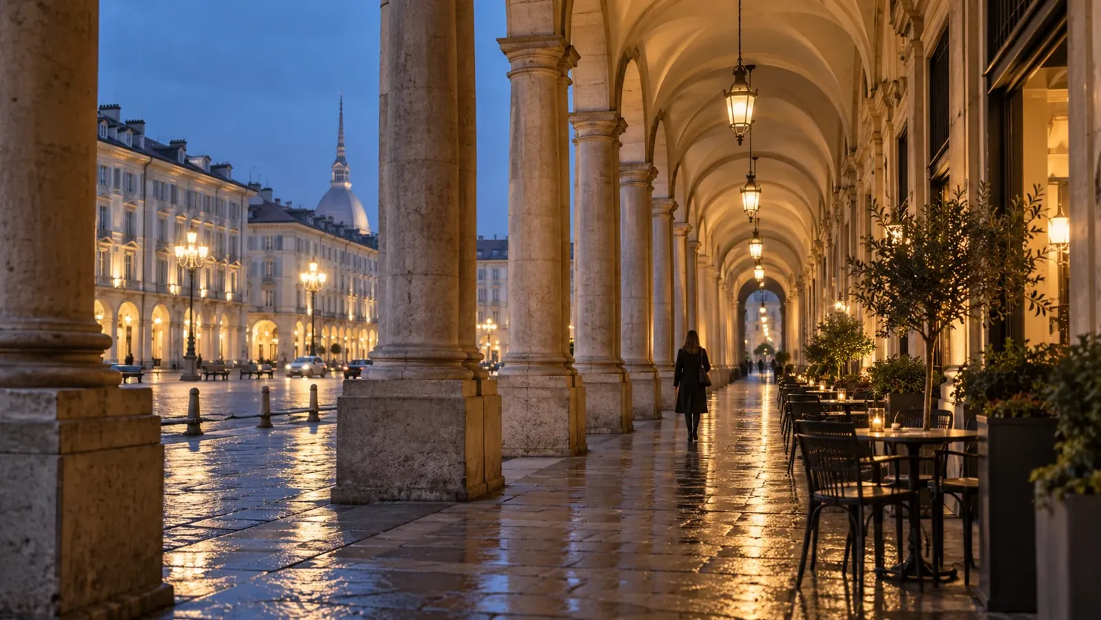 Interpretazione editoriale dei portici di Torino al crepuscolo